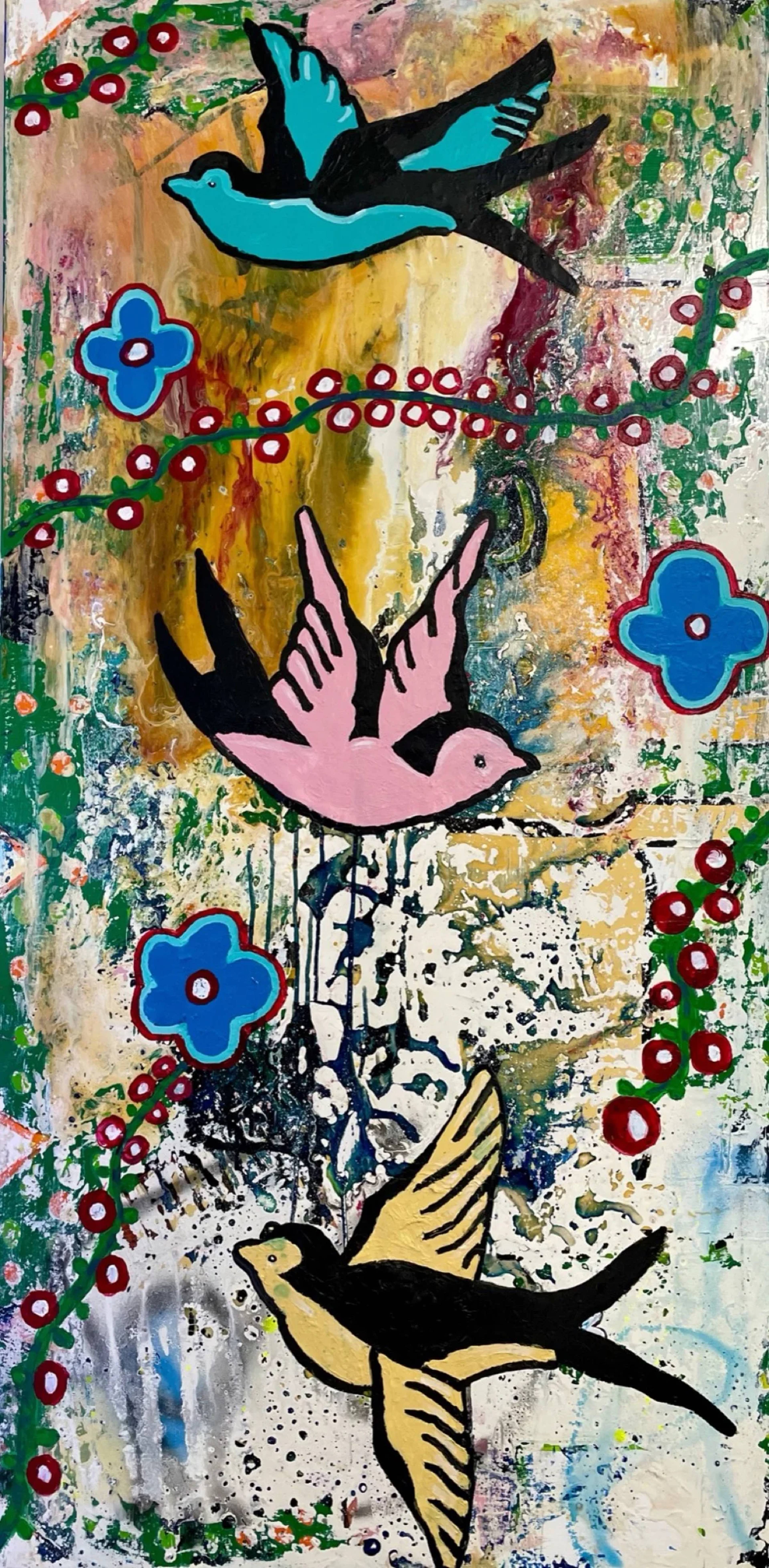 3 vogels — schilderij door Esther van Kessel, 70 × 140 cm
