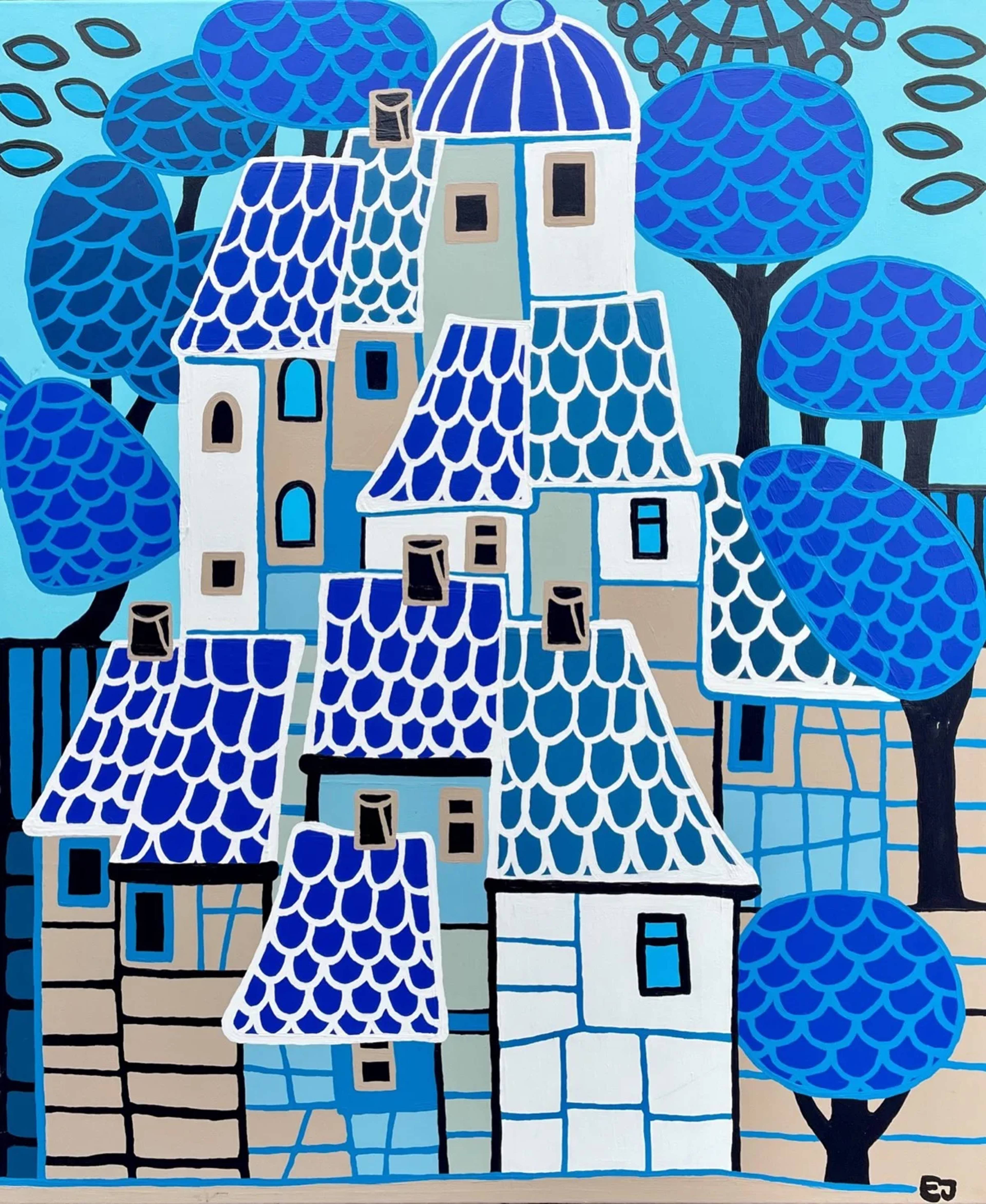Blauwe huizen — schilderij door Evelien Jong, 100 × 120 cm