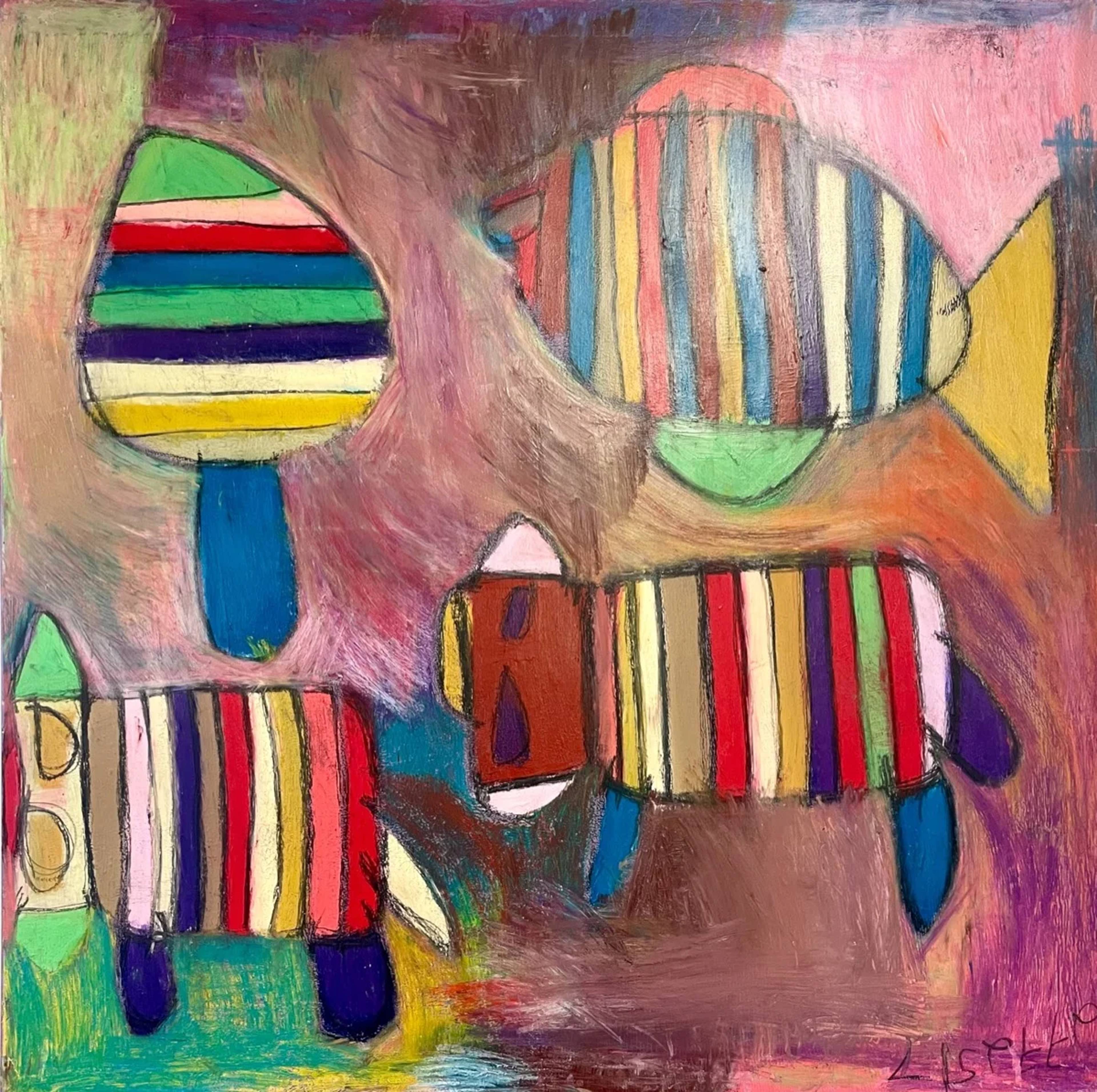 Boom, vis en koeien — schilderij door Lisette Koppejan, 100 × 100 cm