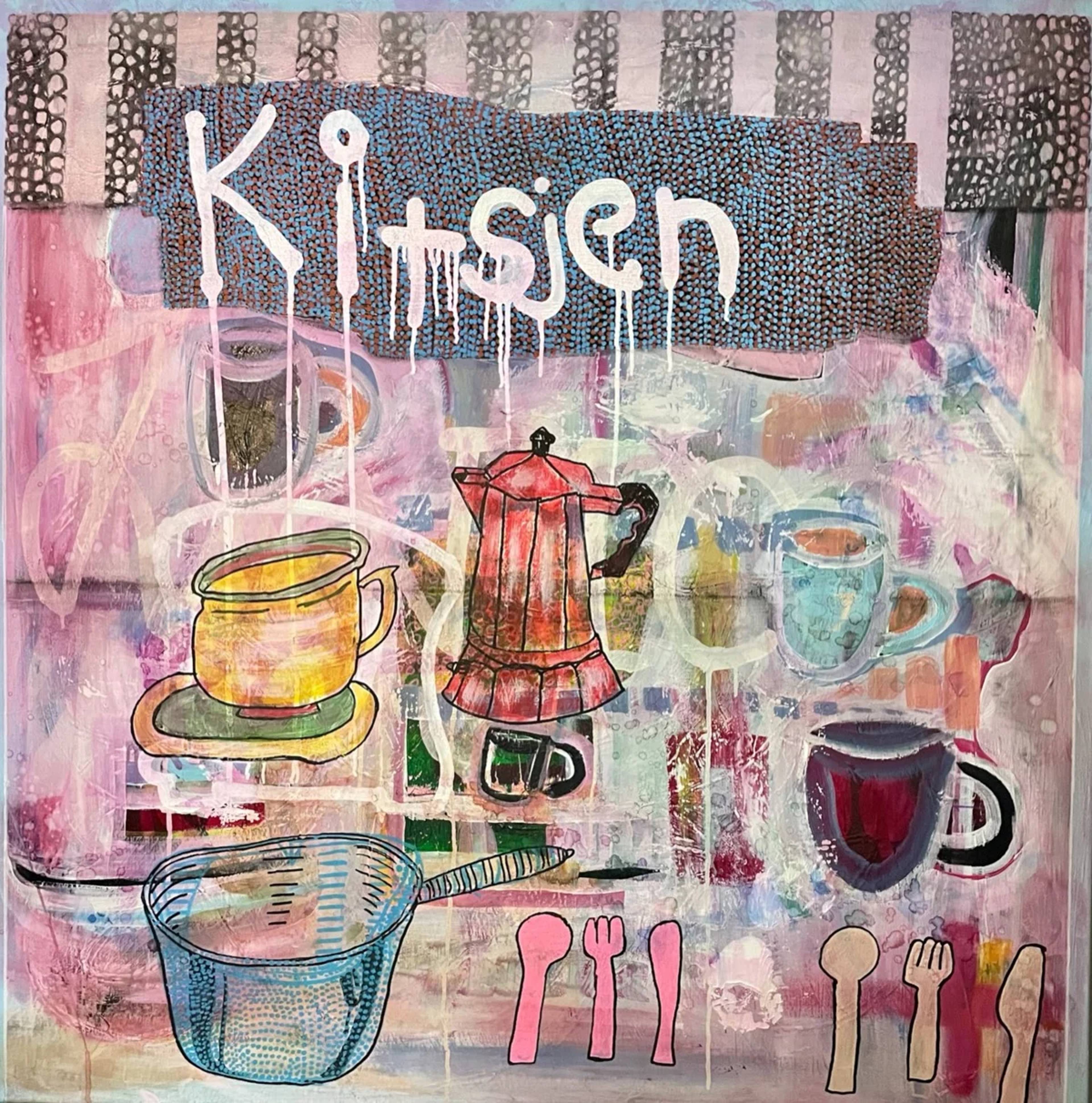 Kitsjen — schilderij door Marian Jolink, 100 × 100 cm