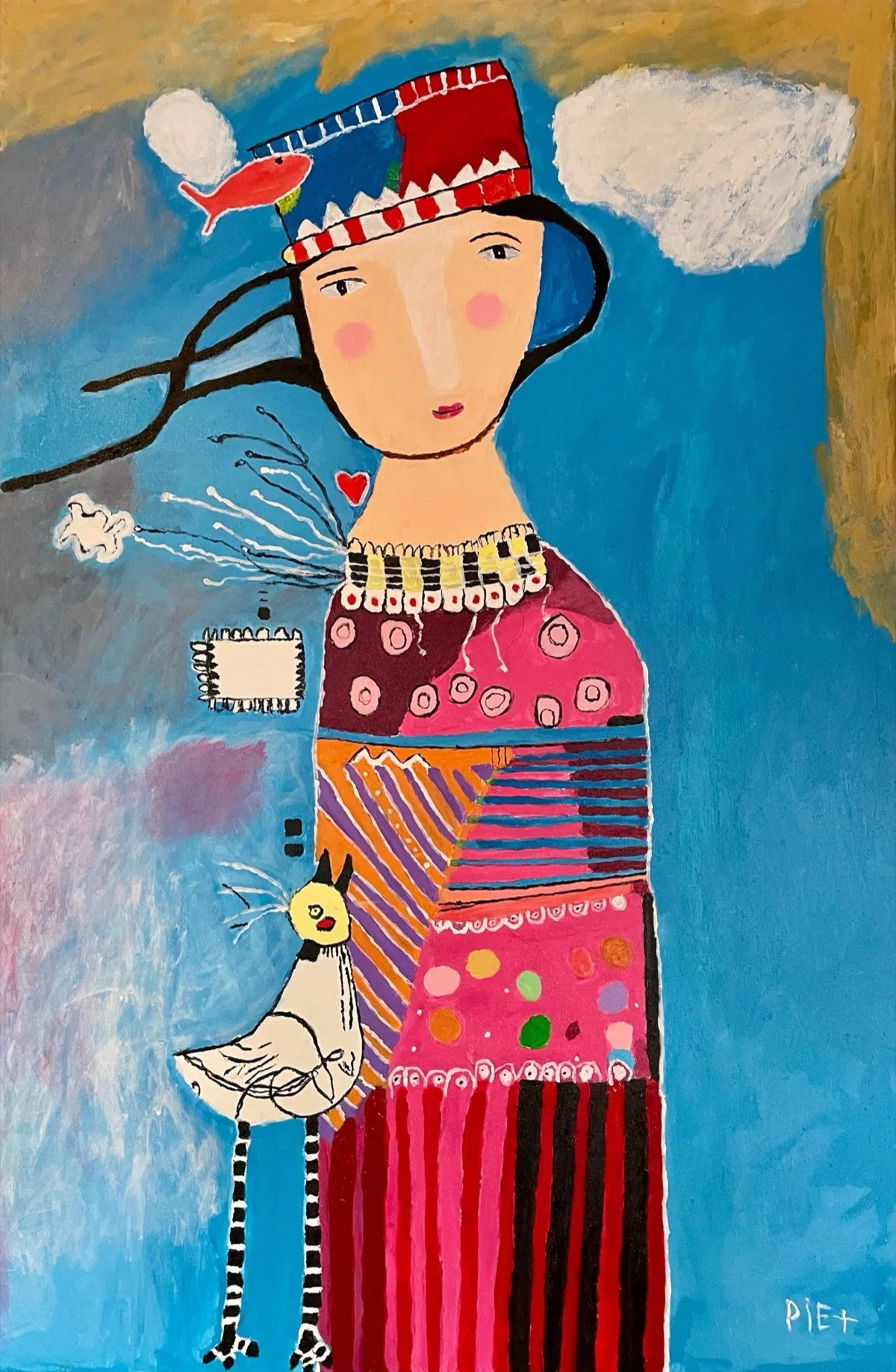 Dame en vogel — schilderij door Piet Derboven, 80 × 120 cm
